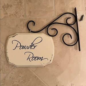 Cream Powder Room Sign with Black Scroll Hanger